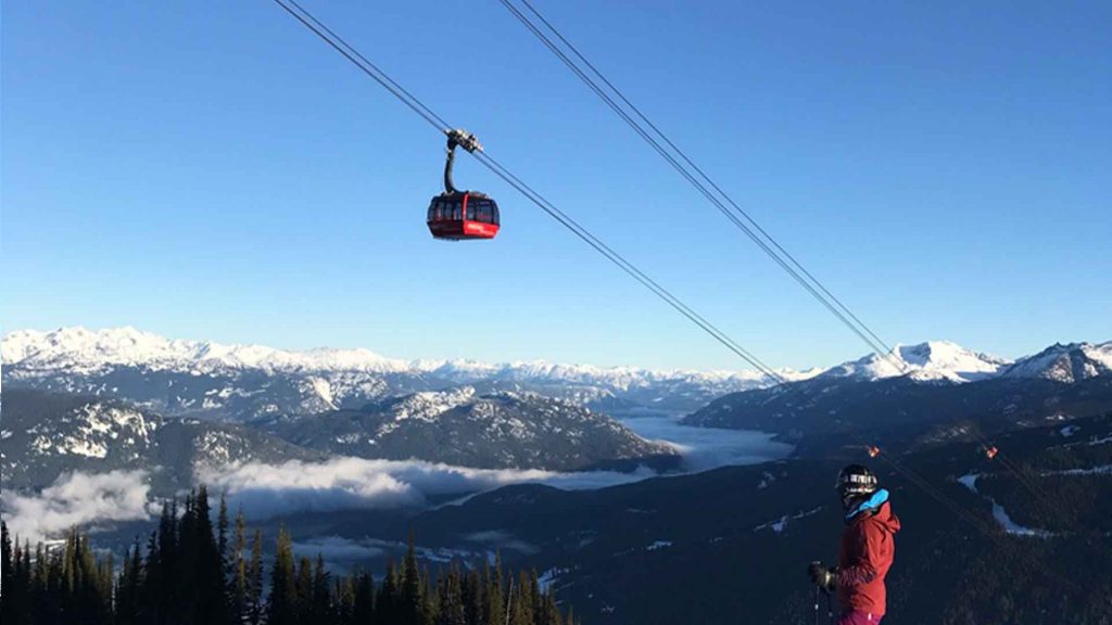 View of Peak to Peak Express running between Whistler and Blackcomb Mountain.