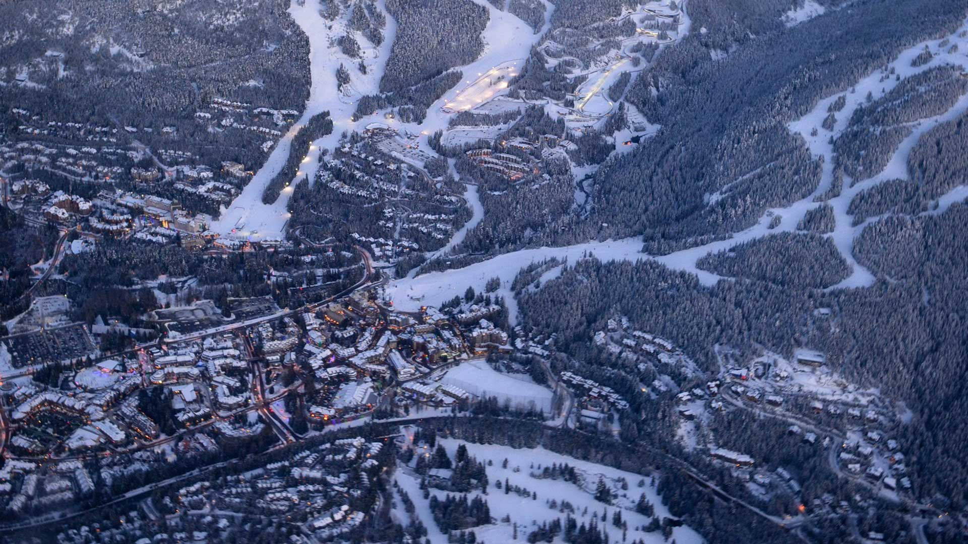 Aerial view of Whistler Village from a helicopter