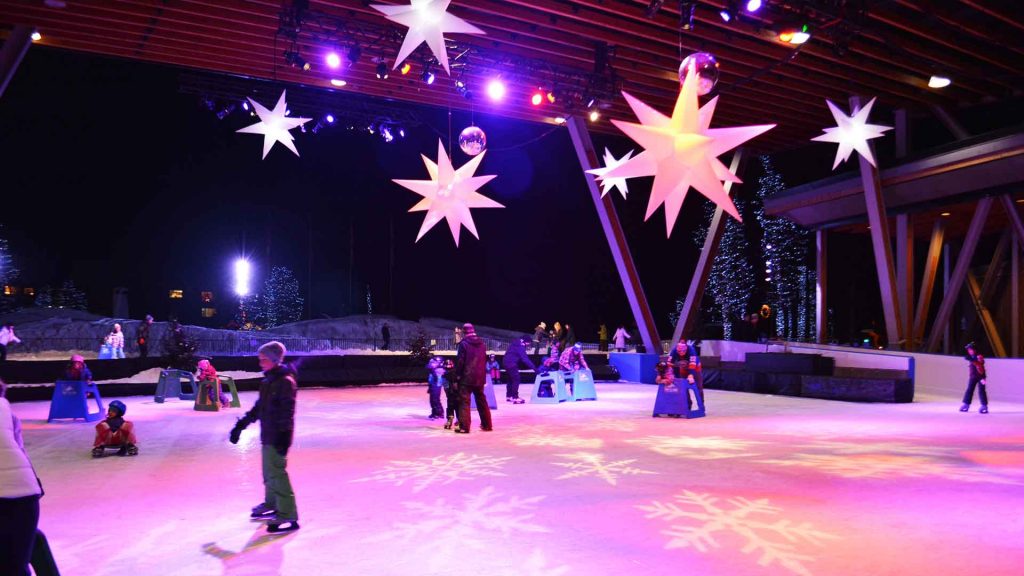 For a day off the slope from your family ski trip to Whistler, enjoy outdoor ice skating at the Olympic Plaza in Whistler at night.