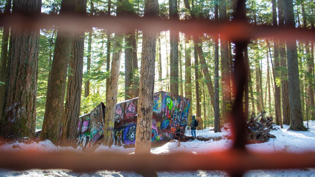Photo of the murals on the train wreck in Whistler, BC. 