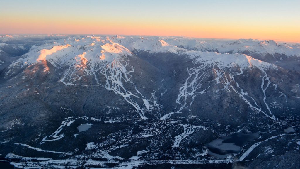 aerial view of Whistler and blackcomb mountains from a helicopter